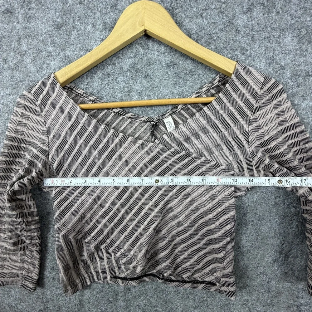 Free People Cropped Top Women XS Brown Striped Cotton V-Neck Pullover 3/4 Sleeve